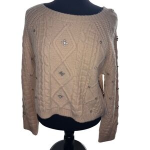 ASTR The Label Cream Cable Knit Crystal Embellished Sweater Size L